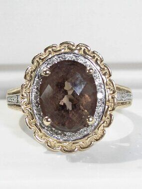 14K Yellow Gold Smoky Quartz & Diamond Halo Ring Women's Size 7